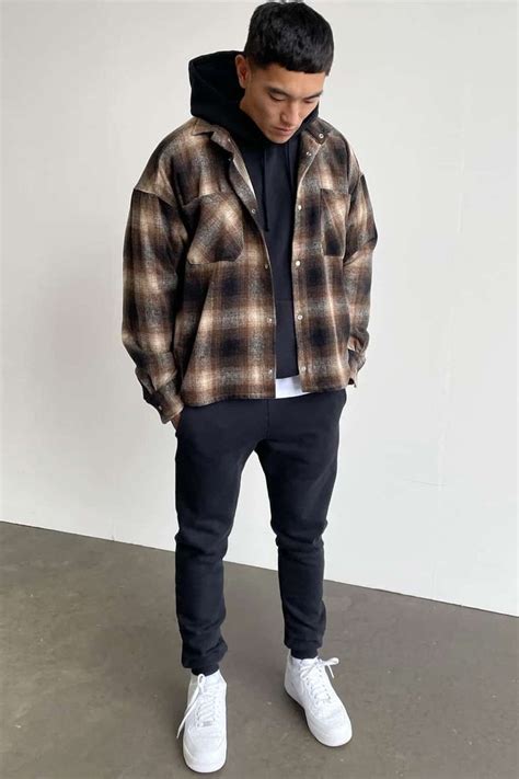 flannel hoodie black outfit men.